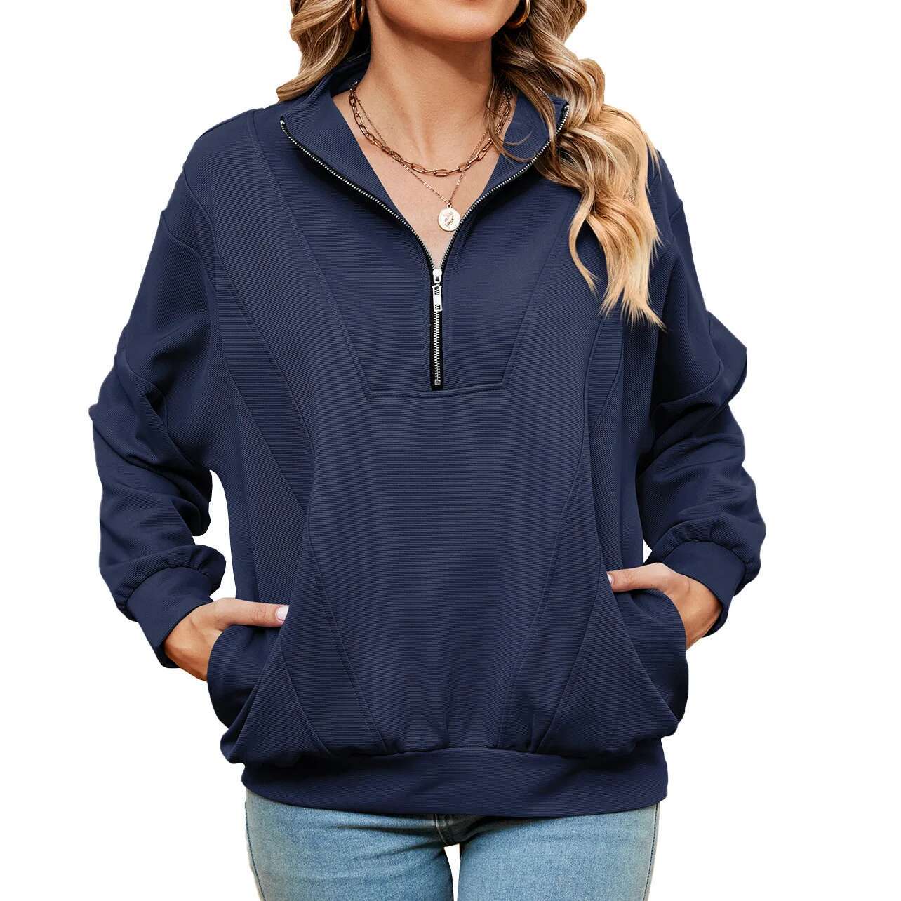 New Fashion Stand Up Collar Zipper Pocket Solid Color Long Sleeve Casual Women's Designer Sportswear