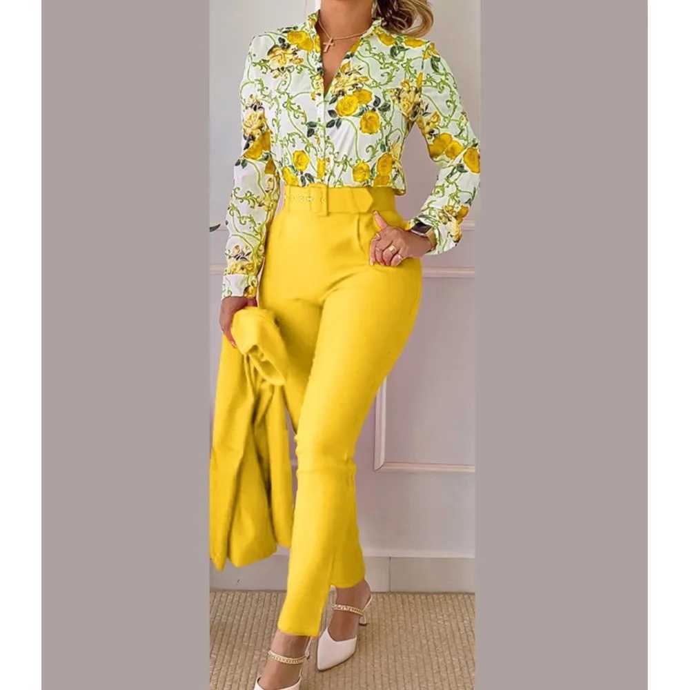 Ele Womens Printed Two Piece Set Spring and Autumn V-neck Long Sve Shirt Top and Pants Set Including Work Clothes Set W250108