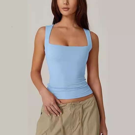 Summer New Women's Square Neck Sleeveless Double Layer Tank Top Basic Tight T-Shirt