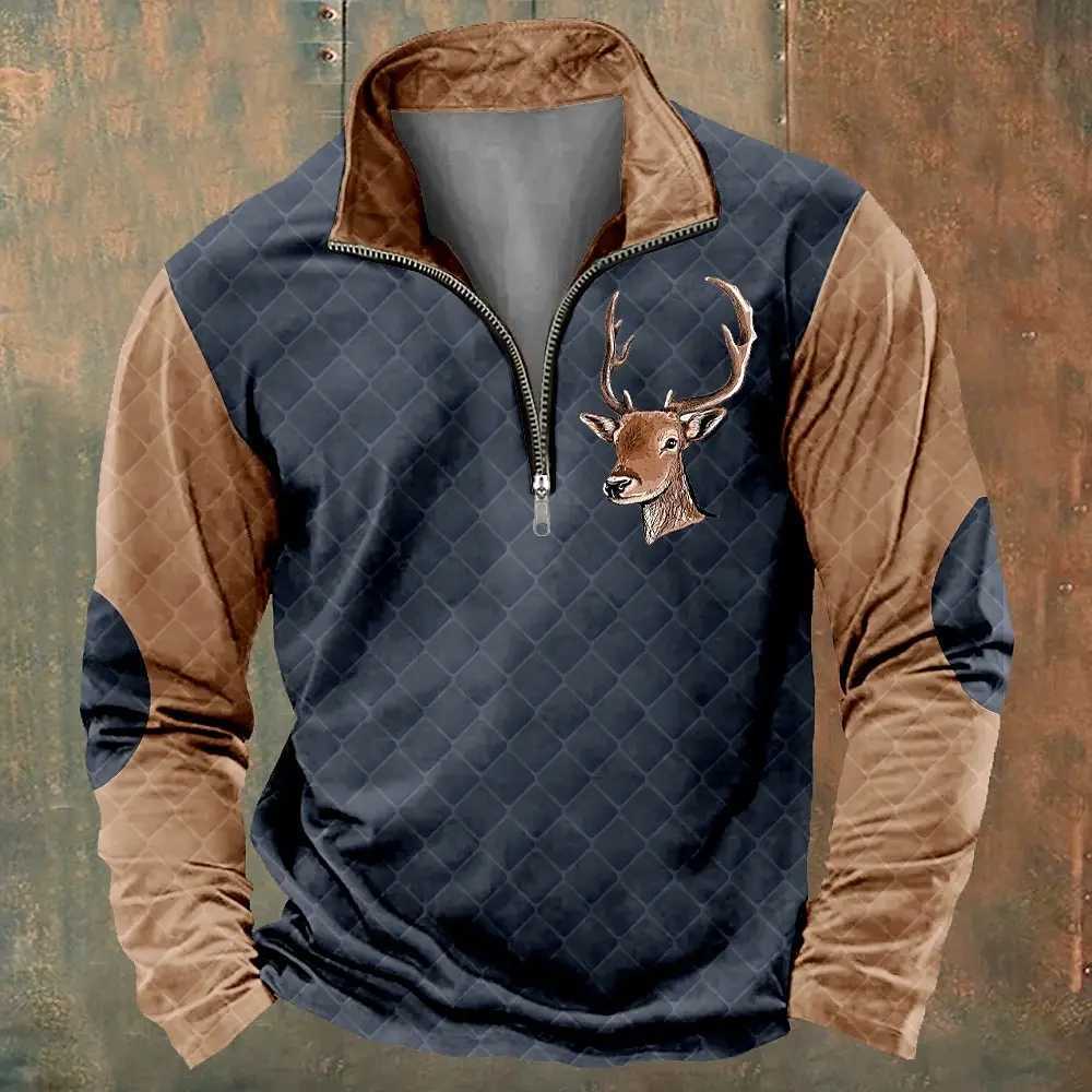 Interesting 3D reindeer print half zipper long sleeved sweatshirt fashionable stand up collar loose top autumn retro clothing casual mens zipper W2501