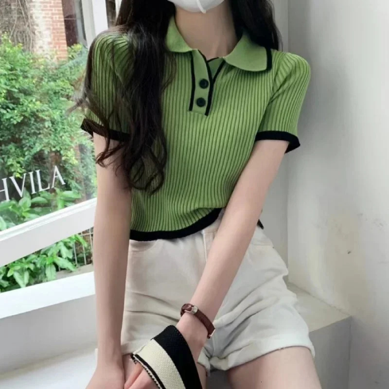 Contrast Color Polo Collar Shoulder Knitted Short Sleeves T-shirt Womens Summer Slim-Fitting Sense Niche Short Tops 250107