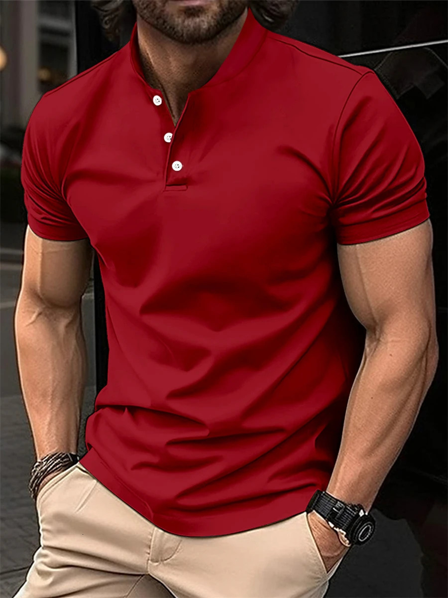 SpringSummer Mens Short Sleeved Neck T-shirt Solid Color Casual Polo Shirt Trendy Breathable Loose Top 250107