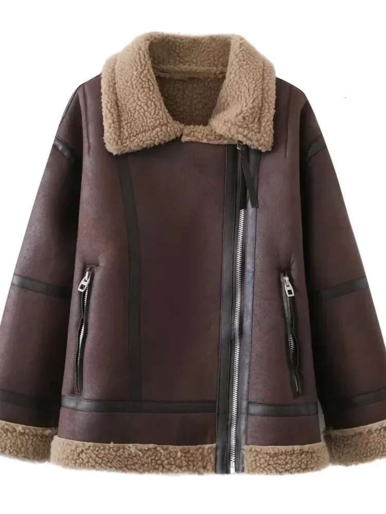 Winter Women Warm Thick Faux Leather Jacket Vintage Lapel Long Sleeve Zipper Overcoat Fashion Loose Oversize Coats Female