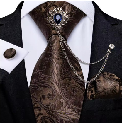 Luxury Green Plaid Silk Ties For Men With Handkerchief 8cm Wide Wedding Neck Tie Set Pocket Square Brooch Chain Accessories Gift