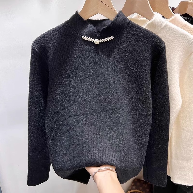 M1015 Chinese style buttoned plus velvet warm half-high collar knitted bottoming shirt women's one-piece fleece top spot autumn and winter inner 