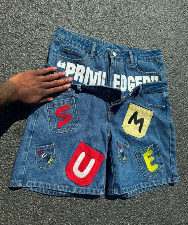 ed printed colorful patch washed denim shorts summer loose casual straight pants versatile two-piece five-point pants 250107