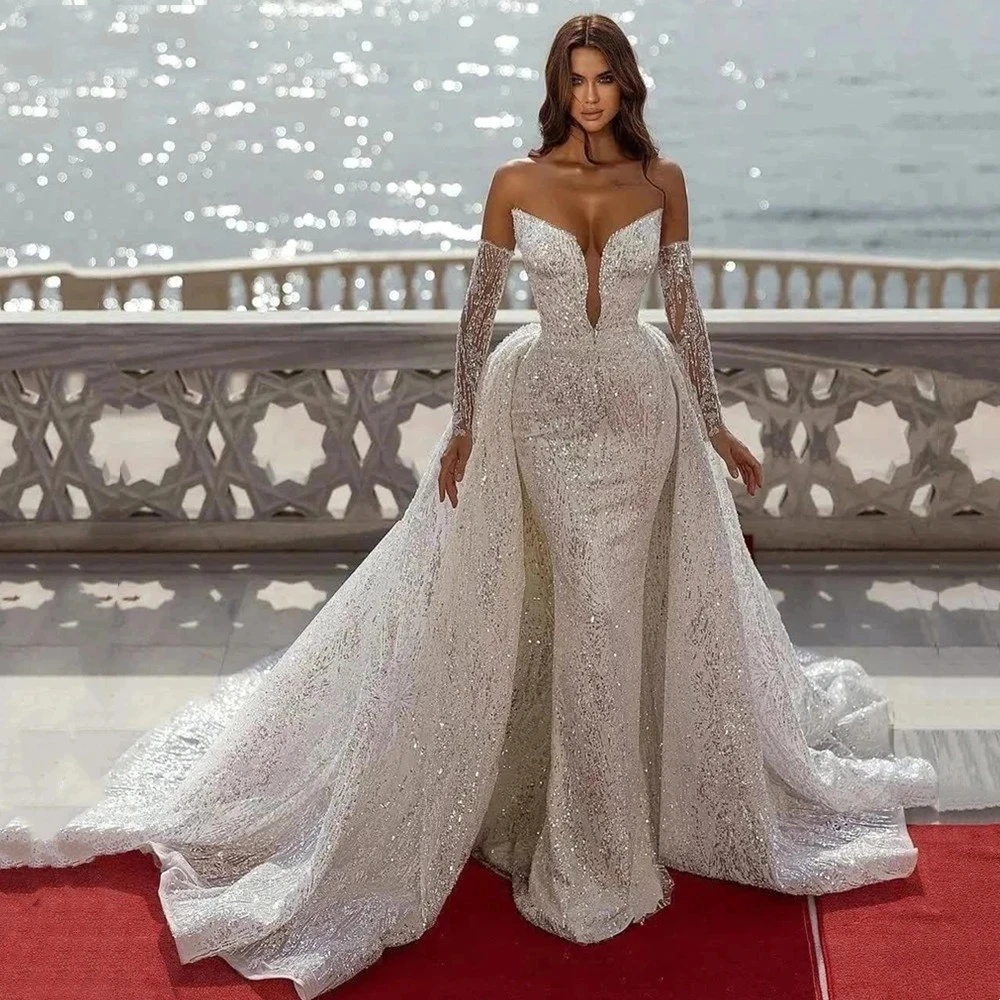 Sparkly Mermaid Wedding Dresses For Women V Neck Removable Sleeves Gown Sequins Detachable Train Customized Dress