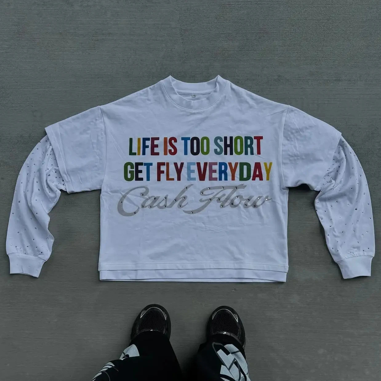 Streetwear Double Layered Long Sleeves Harajuku Goth Letter Graphic Print Rhinestone Oversized T Shirt Tops Men Women Clothes 250107