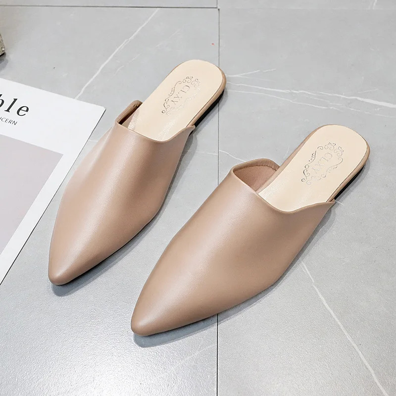 Women Spring Summer Slippers Mules Soft Leather Pointed Toe Slip On Sandalias Soild Mature Fashion Casual Low-heeled Shoes Mujer 250107