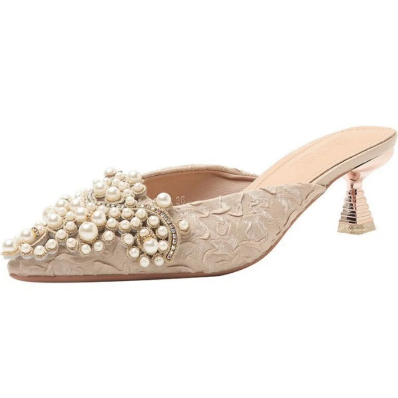 2024 Fashion Pointed Toe Pearl Slippers Pumps Office Dress Elegance Summer Slingback High-heeled Shoes for Women 250107
