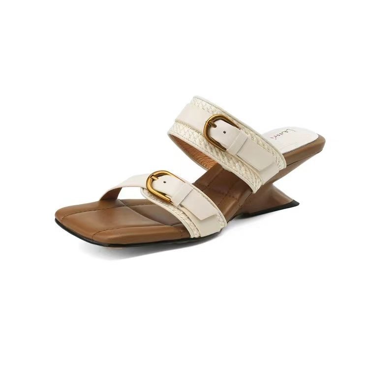 Women Sandals Fashion French Gentle Style New Slippers High Heel Triple Beige Brown Free shipping