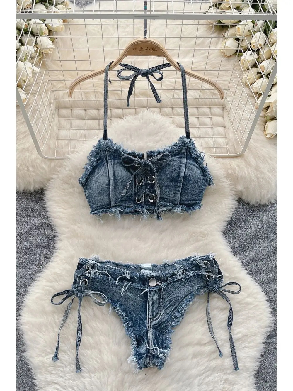 2025 Womens Bikinis Set Summer Sexy Denim Strap Bra Vest and Low Waist Shorts Bathing Suit Swimsuit Swimwear 250107