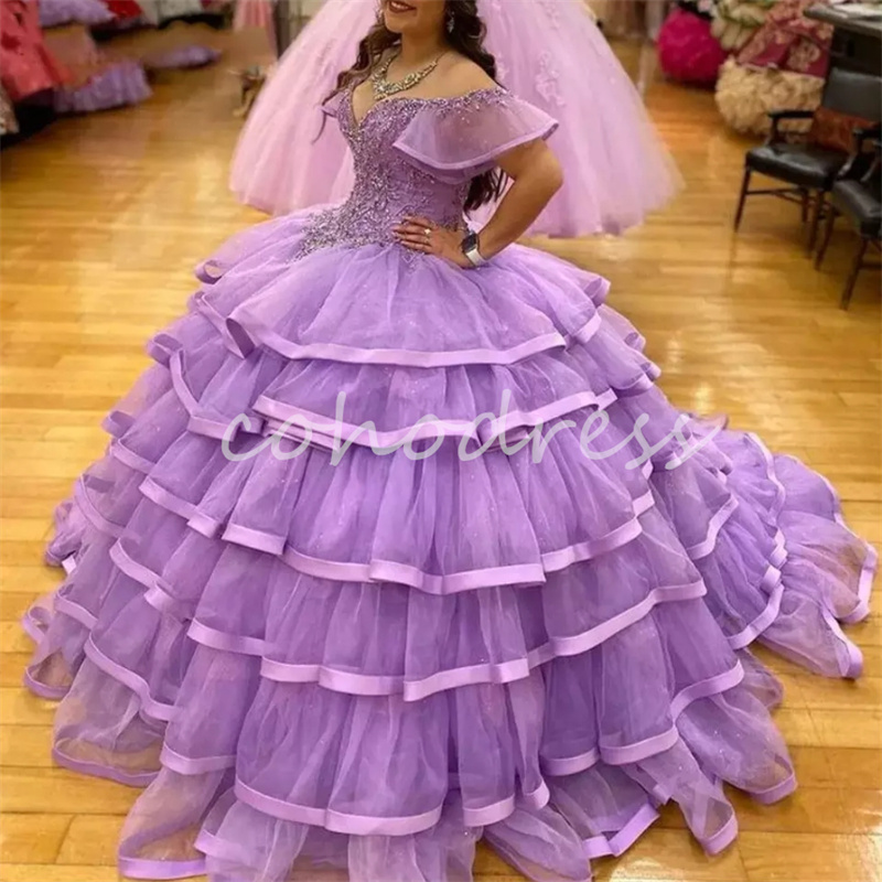 Stunning Light Purple Vestidos De 15 Quinceanera Dress Tiered Ruffles Charro Vestidos De Xv Anos Corset Birthday Party Sixteen Rococo French Duchess D