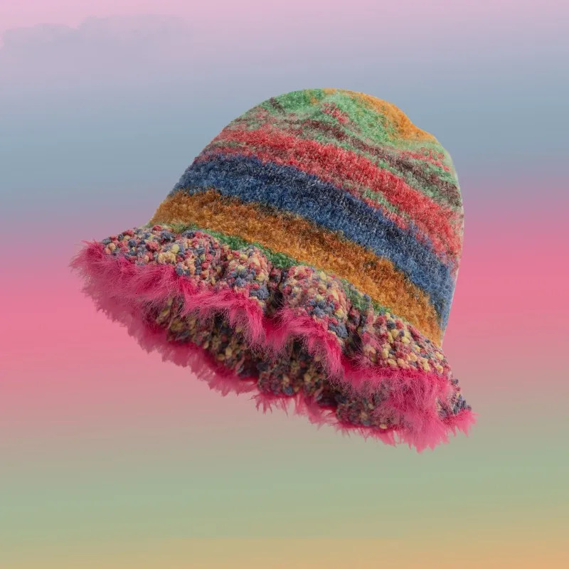 Fashion Colorful Gradient Stripe Woolen Hat Womens Autumn and Winter Cute Handmade Plush Hat Knitted Fisherman Hat 250107