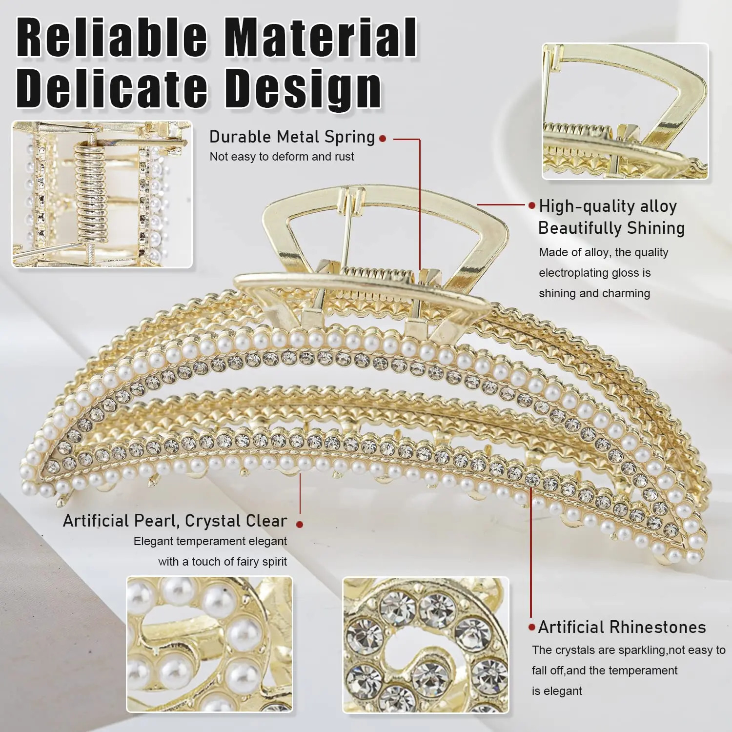 6 Pcs Large Metal Hair Claw ClipsClaw Clips with Pearl and rhinestone4.3 Hair Clips for Women Girls6 Styles Strong Hold Me 250103