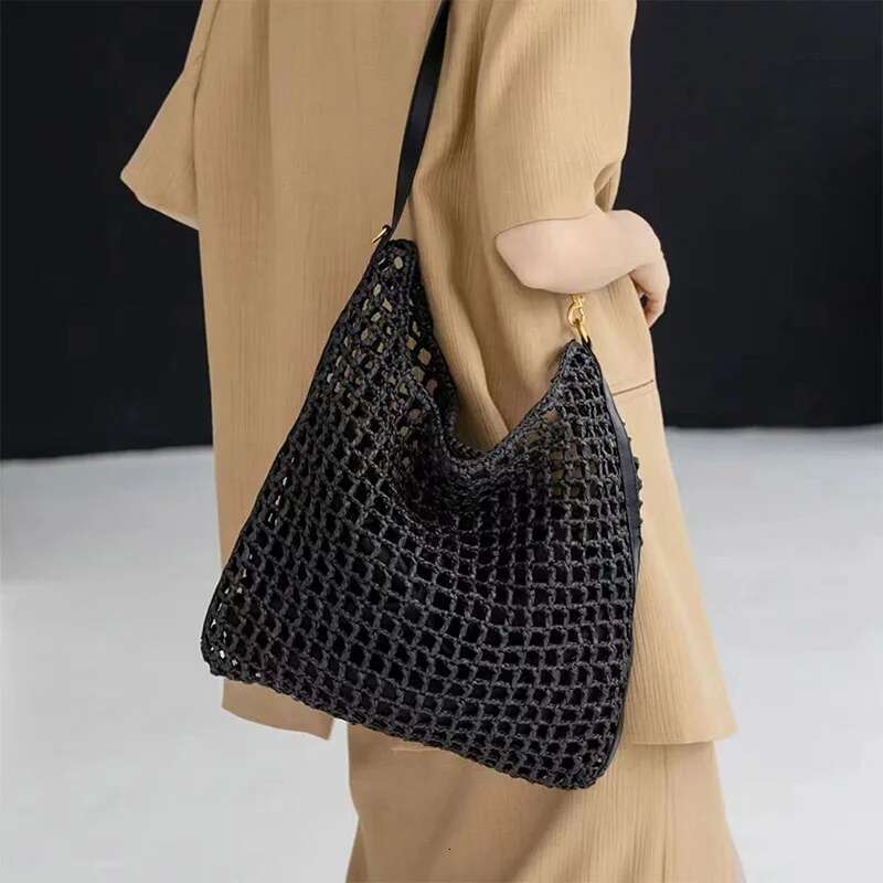 Women's Genuine Leather Straw Beach With Interior Pocket Designer Handbag Wallet Hand Woven Bucket Shoulder Bag
