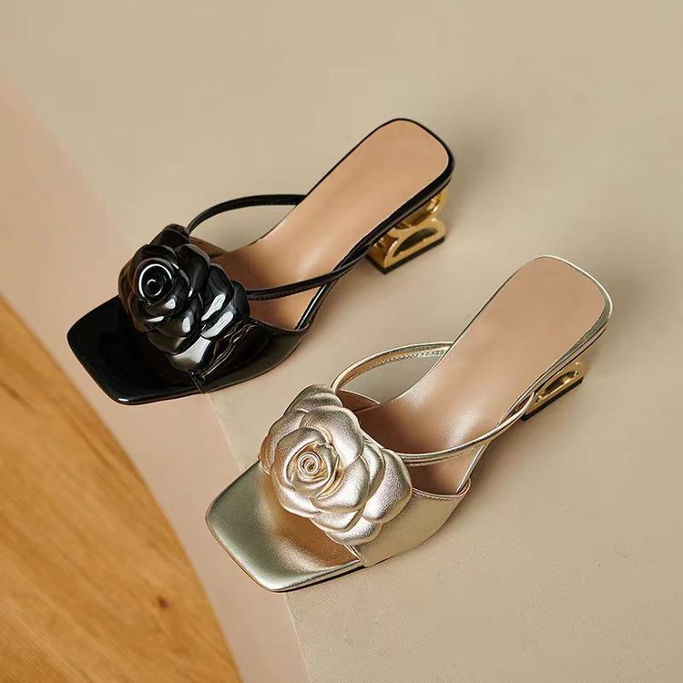Women Sandals High Heel Fashion Flower Design Slippers Versatile Outdoor Wear Triple Black Gold Free shipping