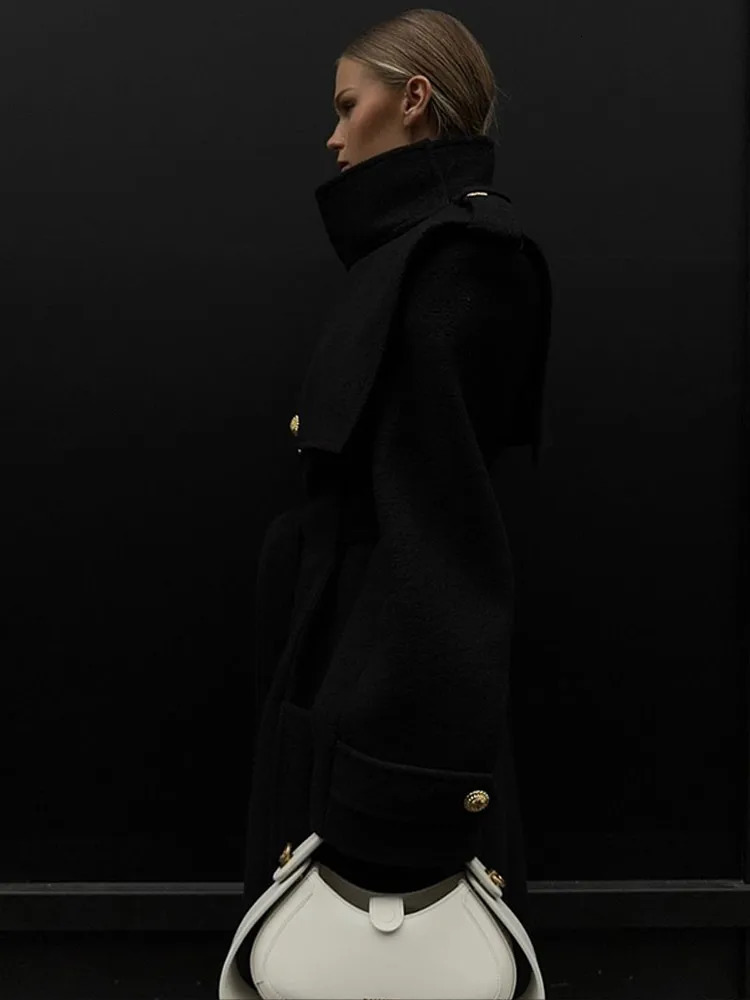 Black Wool Blends Overcoat With Belt Women Elegant High Collar Metal Buttons Patchwork Long Coats Autumn Winter Office Outwear 250107