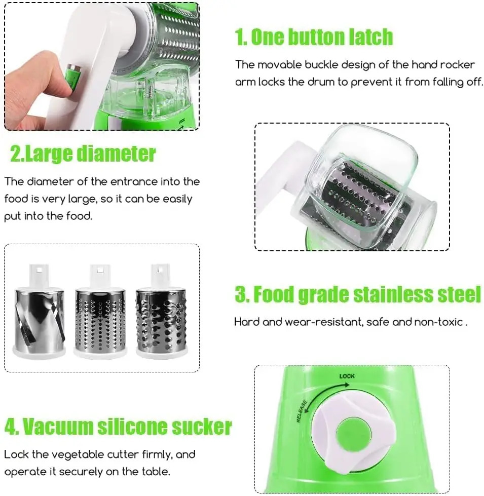 Cheese Grater Rotary Rotary Grater for Kitchen 3 in 1 Grater Vegetable Slicer with 3 Drum BladesFast Cutting Cheese Shredder 250107