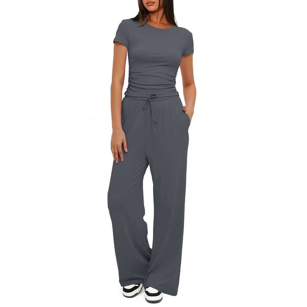 European American Women's 2-Piece Casual Suit With Pleated Short Sleeved Top, High Waist And Wide Legs, Pants For Transportation