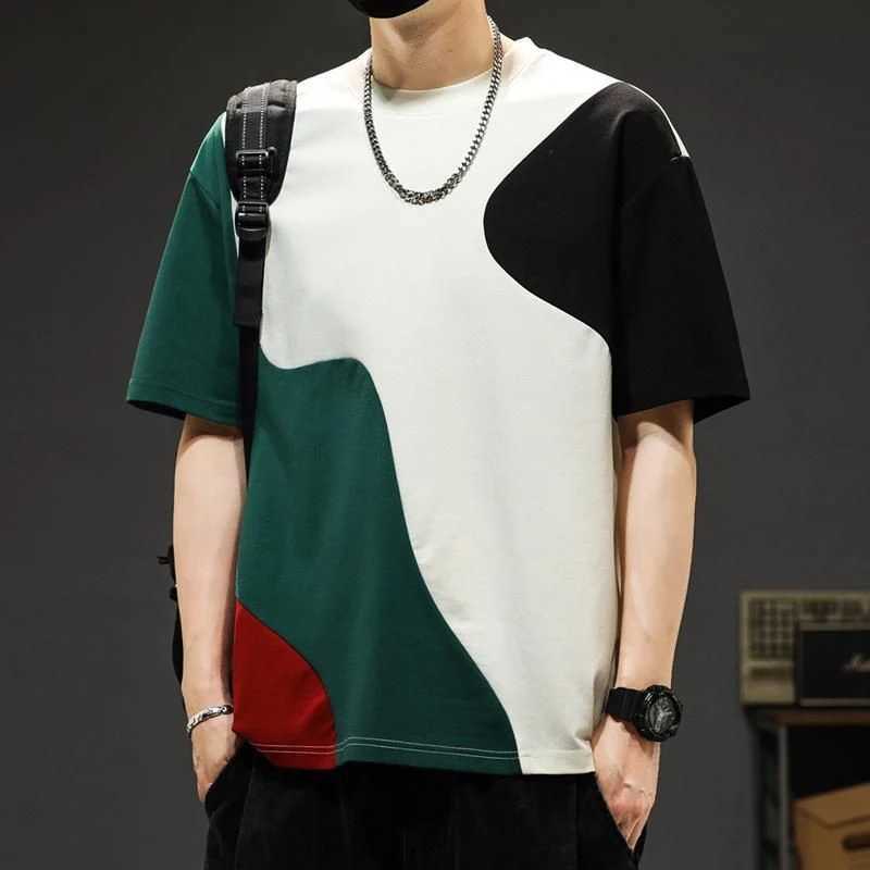 Fashionable O-neck splicing fully matched asymmetrical T-shirt for mens summer new item oversized casual floral Korean T-shirt M250108