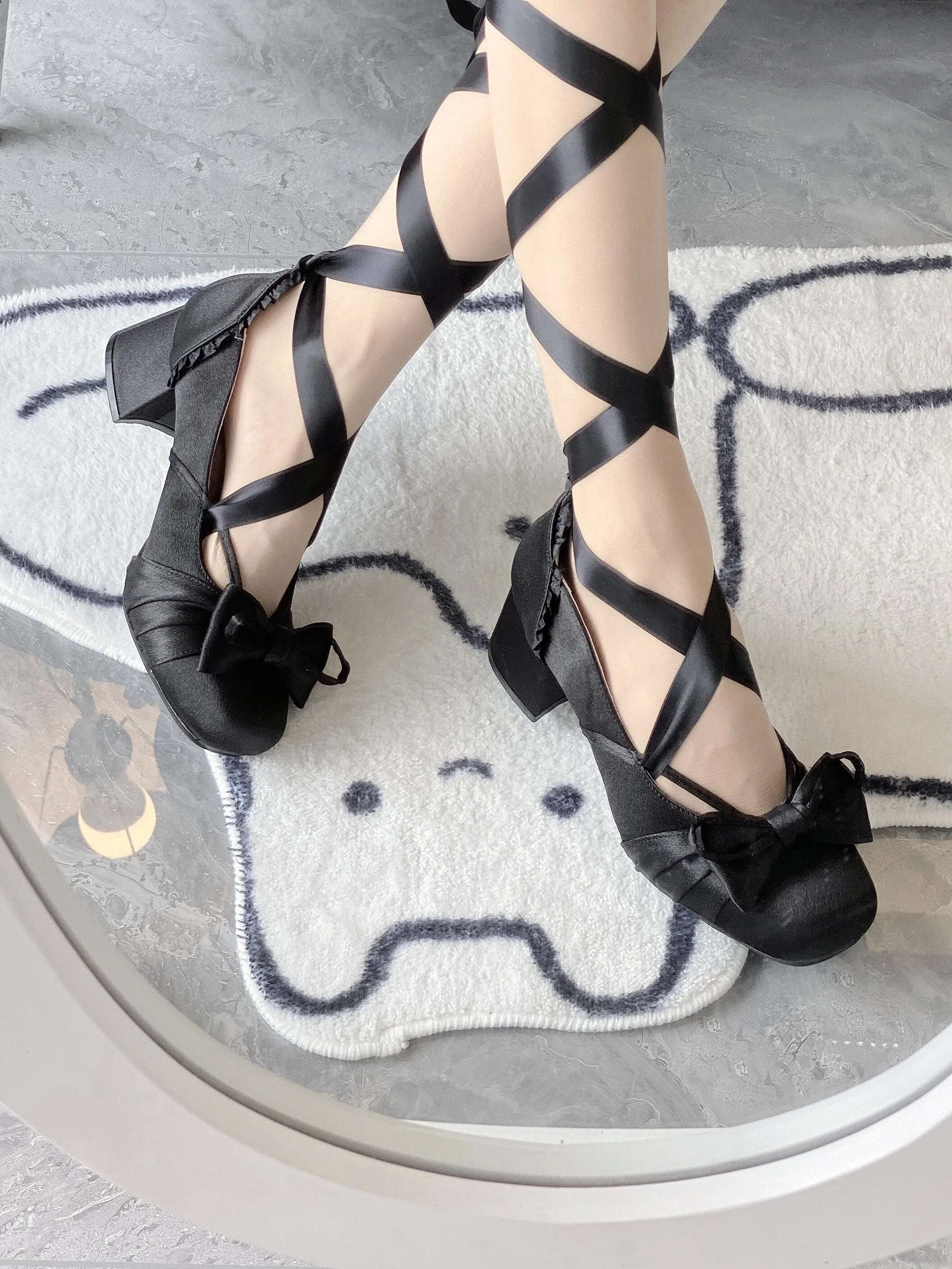 Original Lolita Square Toe Elegant Low Heel Satin Mary Jane Women Girls Sweet Bandage Ballet Shoes for Spring Autumn