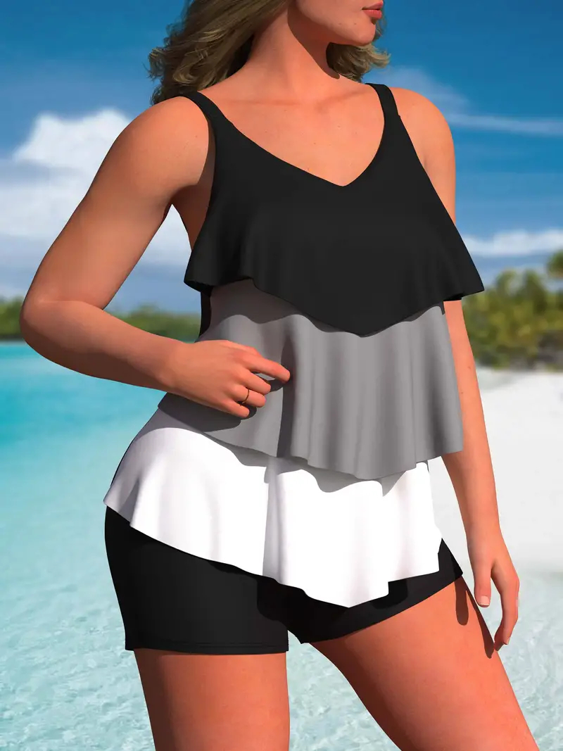 Big Women Tankinis Plus Size Ruffle Swimsuit Colorblock Cami Sleeveless Two Piece Swimwear Tiered Top with Boyshorts Bathing Suit Leisure Vacation Bea