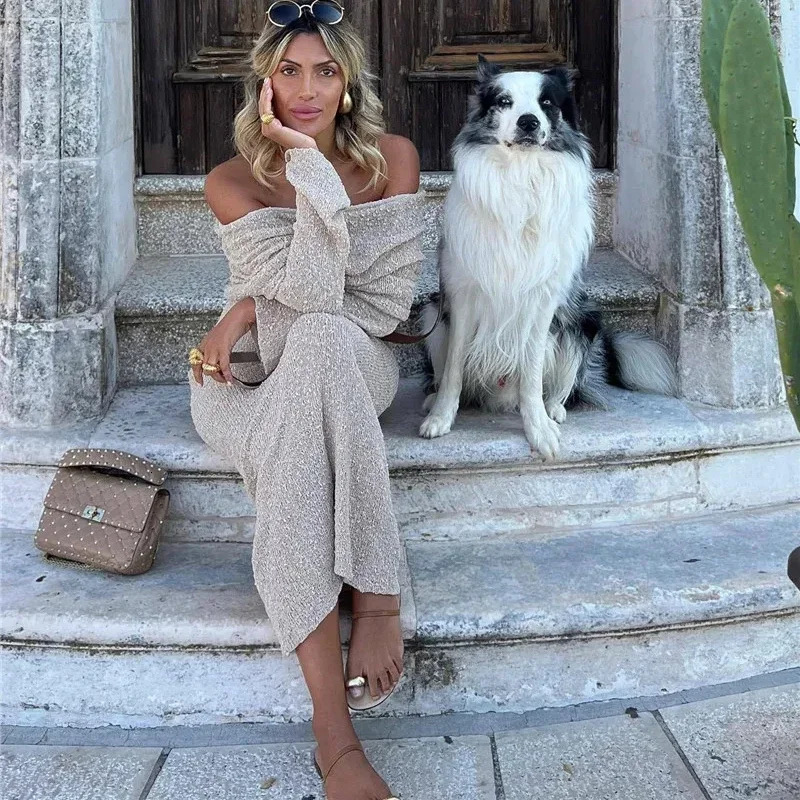 Y2k Hollow Out Strapless Knit Sexy Maxi Dress For Women Off-shoulder Backless Long Sleeve Beach Holiday Long Dress 2024 250107