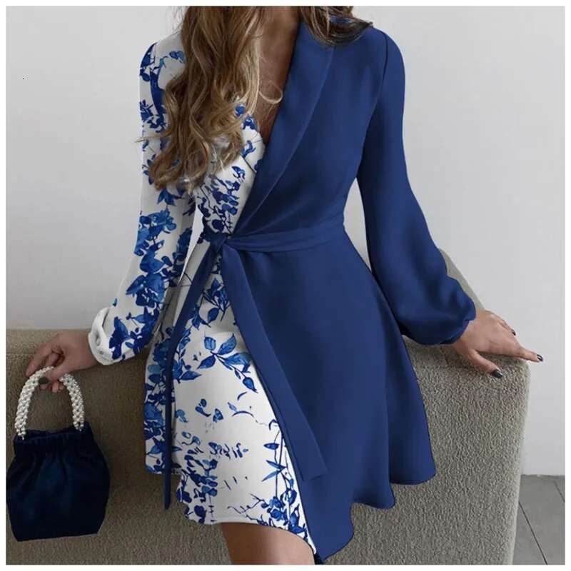 Women Summer Style One-Piece Color Blocked Dress With V-Neck Long Sleeved High Waisted Lace Up Retro Ral Short Skirt