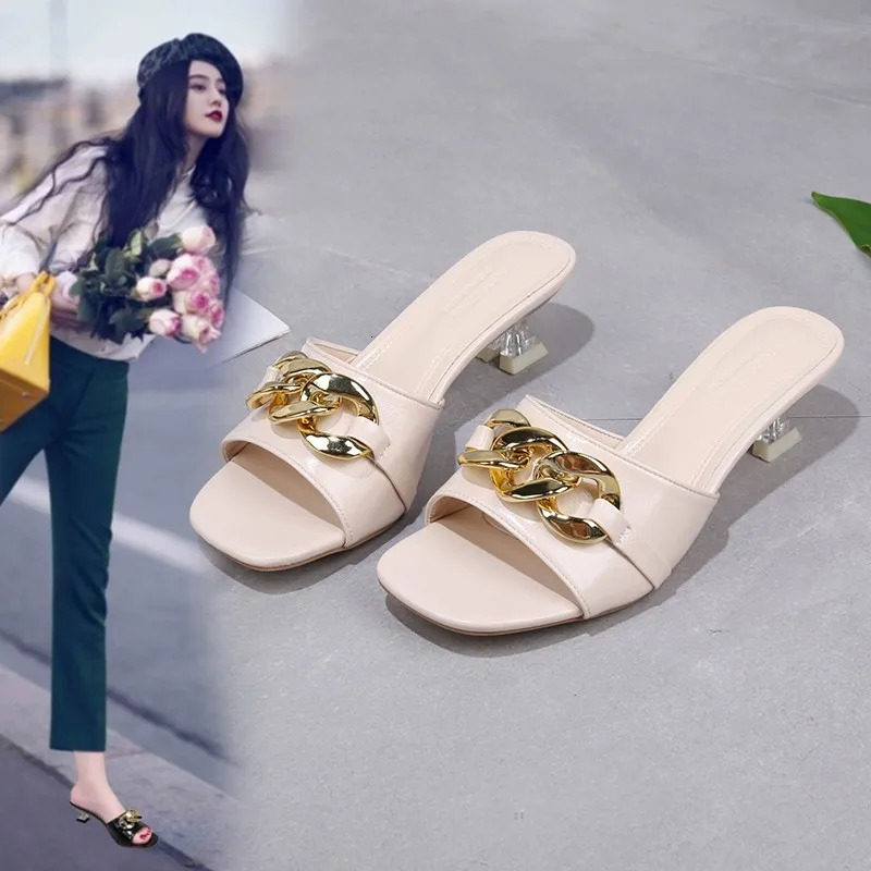 Women Slippers Womens Mules Slides Shoes Female Clear Heels Sandals with Chain Thin Heels Open Toe Outdoor Party Footwear 250107