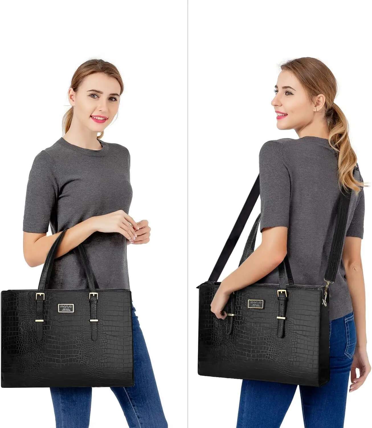 PU Leather Laptop Tote Bag 15.6 inch Women Handbag Crocodile Large Capacity Travel Business Commuting Shoulder Messenger Bags