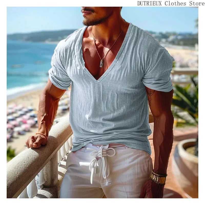High Quality Summer new oversized mens V-neck T-shirt solid color mens short sleeved T-shirt mens clothing pink short sleeved T-shirt T250108