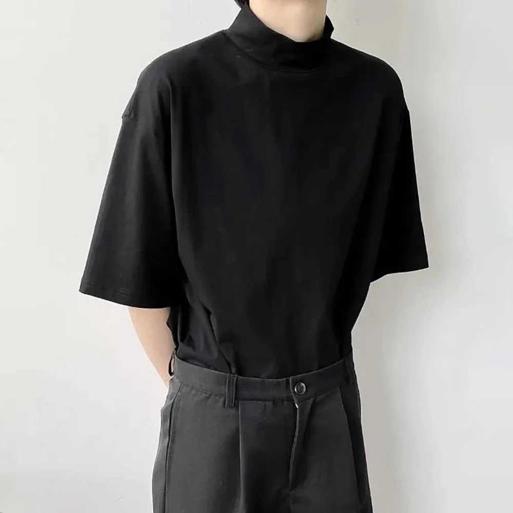 New semi high neck short sleeved T-shirt mens fashion brand loose fit fully matched half sleeved casual top solid color unisex clothing M250108