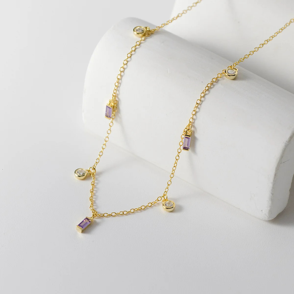 Female Elegant Gold Color 925 Sterling Silver Link Chain Necklace Purple Clear Stones Round Square Charm Necklace for Women250103