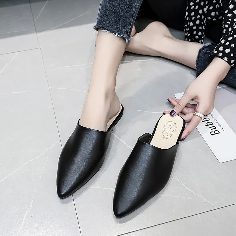 Women Spring Summer Slippers Mules Soft Leather Pointed Toe Slip On Sandalias Soild Mature Fashion Casual Low-heeled Shoes Mujer 250107