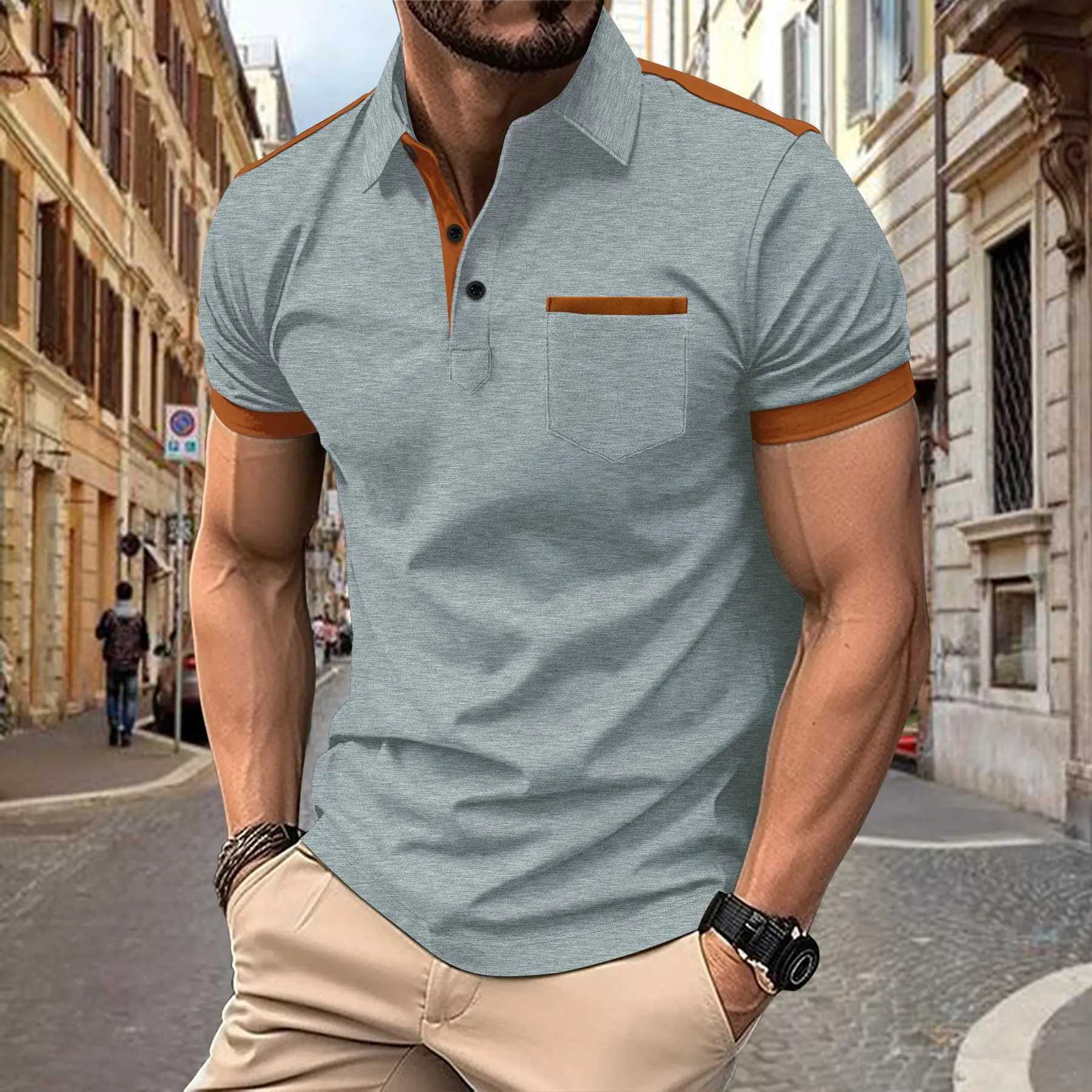 New Cross-border Men Casual POLO Shirt Chest Pocket Lapel Button Stitching Color Matching Versatile T-shirtXJ250108
