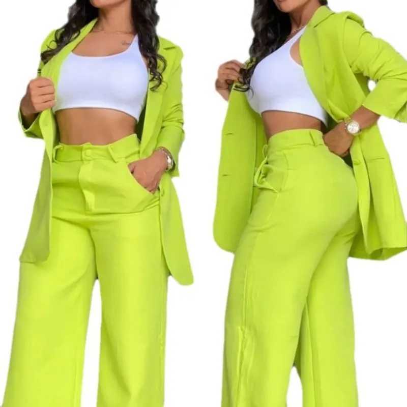 Newly arrived Temperment Spring womens solid color Ele long sleeved lapel set with pockets and straight leg pants set W250108