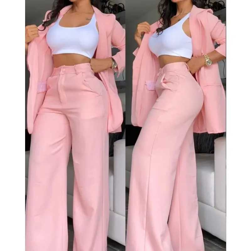 Newly arrived Temperment Spring womens solid color Ele long sleeved lapel set with pockets and straight leg pants set W250108