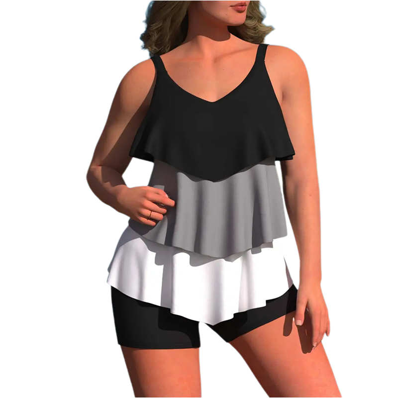 Big Women Tankinis Plus Size Ruffle Swimsuit Colorblock Cami Sleeveless Two Piece Swimwear Tiered Top with Boyshorts Bathing Suit Leisure Vacation Bea