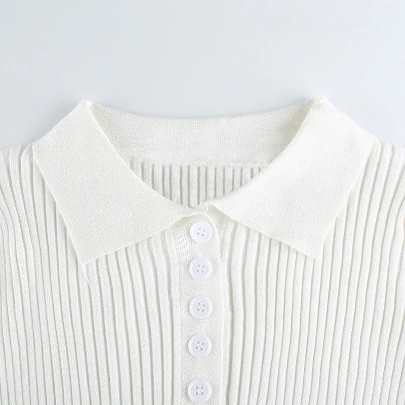 Polo Collar Top Womens Short Sleeved t-shirt crop top Summer White Vertical Stripes Slim Casual mujer clothes Button Accessory 250107