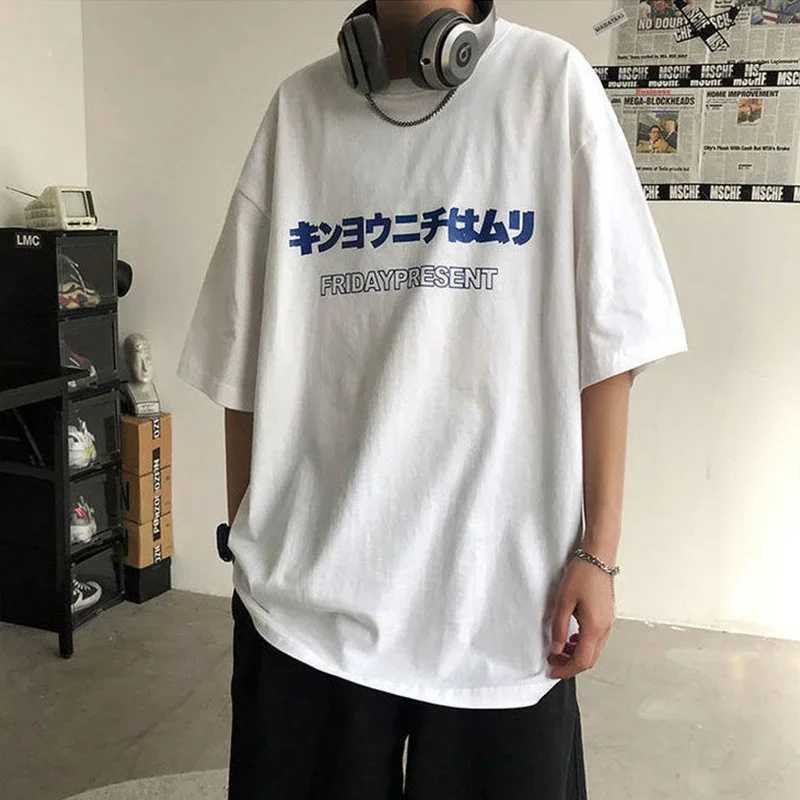 Summer Japanese letter printed T-shirt mens summer cotton casual street clothing hip-hop T-shirt Hombre breathable loose Y2K T-shirt M250108