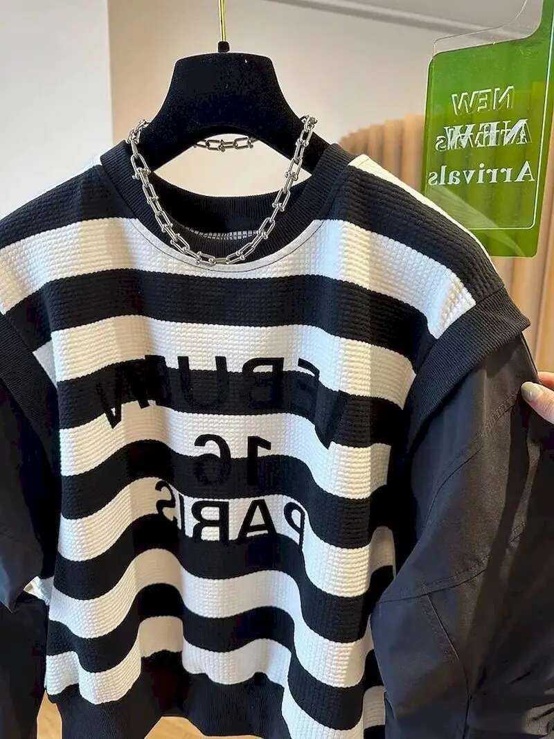 Oversized Pullovers Women Fashion Black White Striped Niche Pullover Tops Casual Loose Fake Two-Piece Long Sleeve Tshirt Autumn