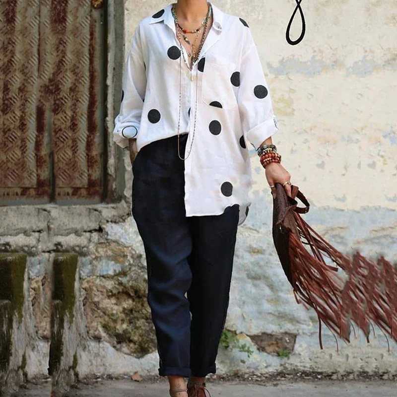 Sexy collar button up shirt cotton linen pants set for women polka dot print two-piece set autumn long Sve office set W250108