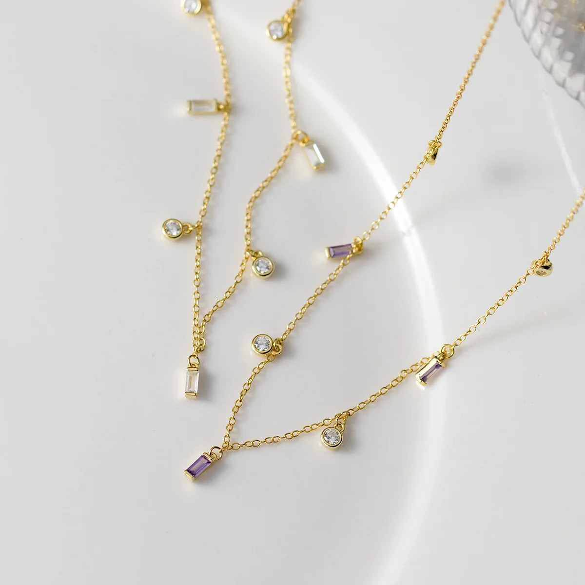 Female Elegant Gold Color 925 Sterling Silver Link Chain Necklace Purple Clear Stones Round Square Charm Necklace for Women250103