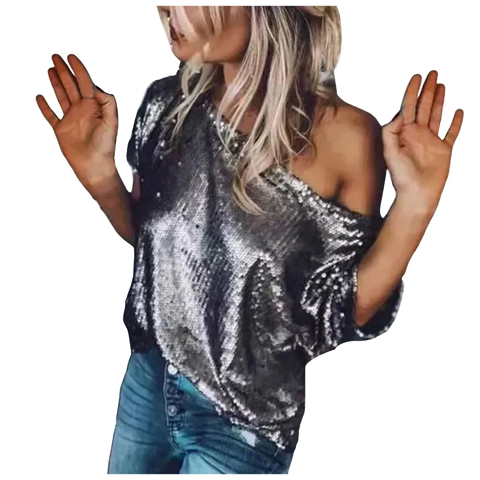 Women Elegant Blouses Shirts Asymmetrical Neck Short Sleeve Sequin Shirt Casual Shiny Tops Womens Seuqin Versatile Streetwears 250107