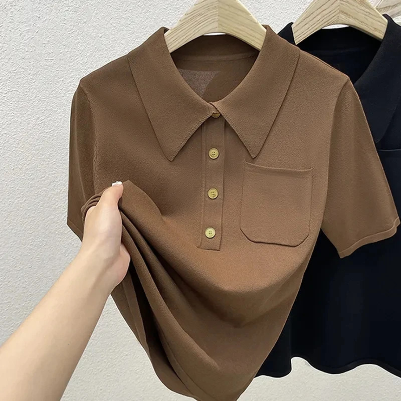 Ladies T-shirt 2024 Summer Korean Version Thin Style Womens T-shirt POLO Neck Temperament Short Sleeve Female Knitted Top 250107