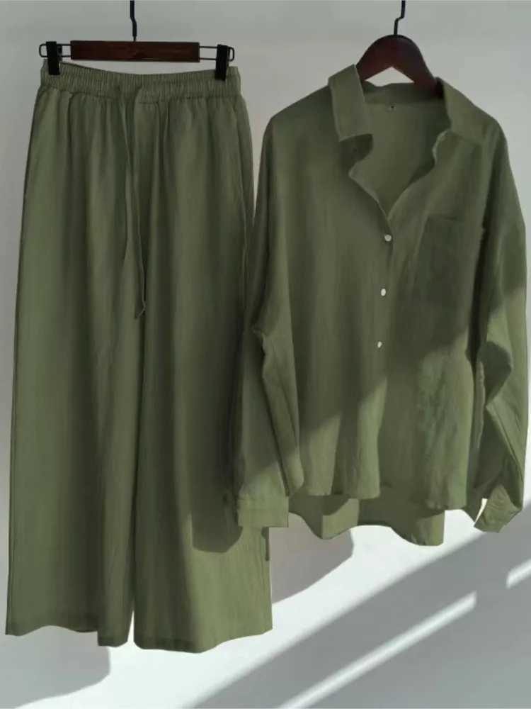 Spring and summer womens two-piece casual long Sve shirt womens set fashion button casual womens wide leg pants 2-piece set W250108