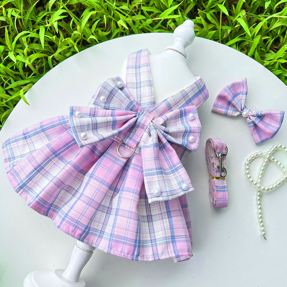 Pet plaid skirt chest strap leash walk dog cat vest clothes teddy supplies factory direct sales