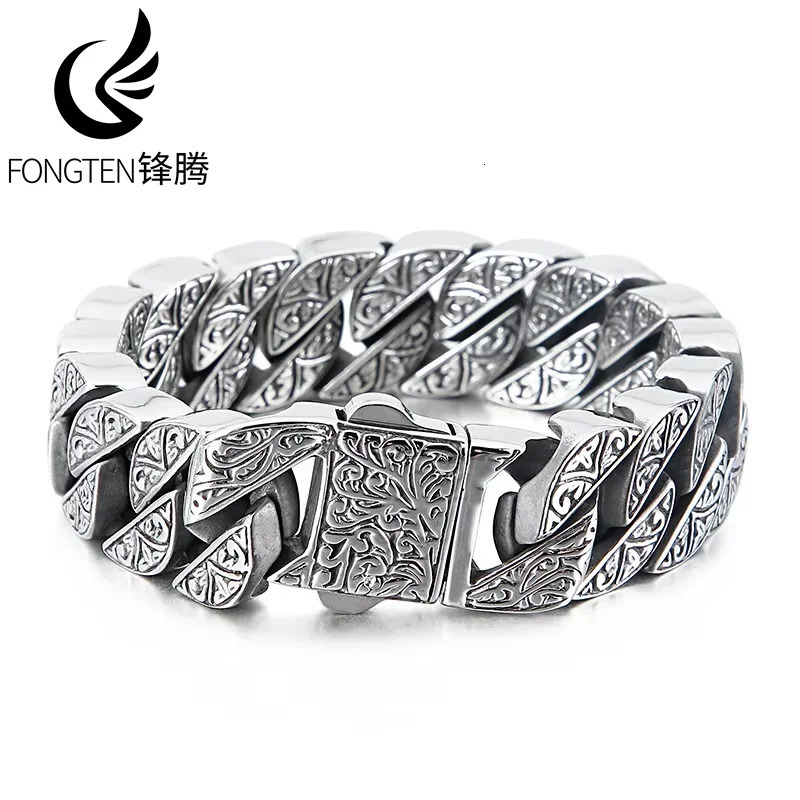 Fongten Vintage Bracelet For Men Carving Cuban Chain Stainless Steel Mens Bracelets Bangle Viking Gold Silver Color Jewelry 250107