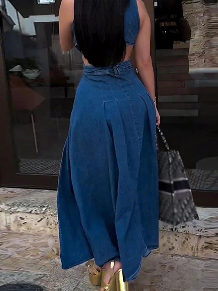 Sexy Denim Women Sleeveless Long Dresses V Neck Split High Waist Female Dress 2024 Summer Lady Turn-down Collar Hollow Out Robe 250107
